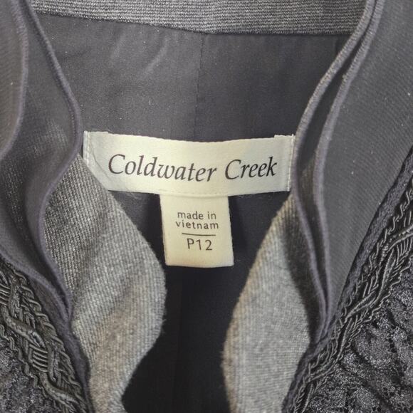 Coldwater Creek Sz 12P Gray Ponte Knit Ruffle Lace Mandarin Collar Jacket Women - Picture 3 of 10